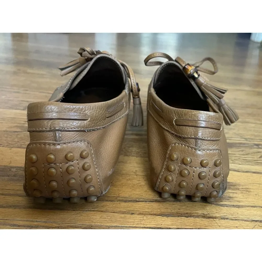 Vintage  GUCCI Tan Leather Tie Up Moccasin Loafers Italy Shoes  Mens Size 10.5
